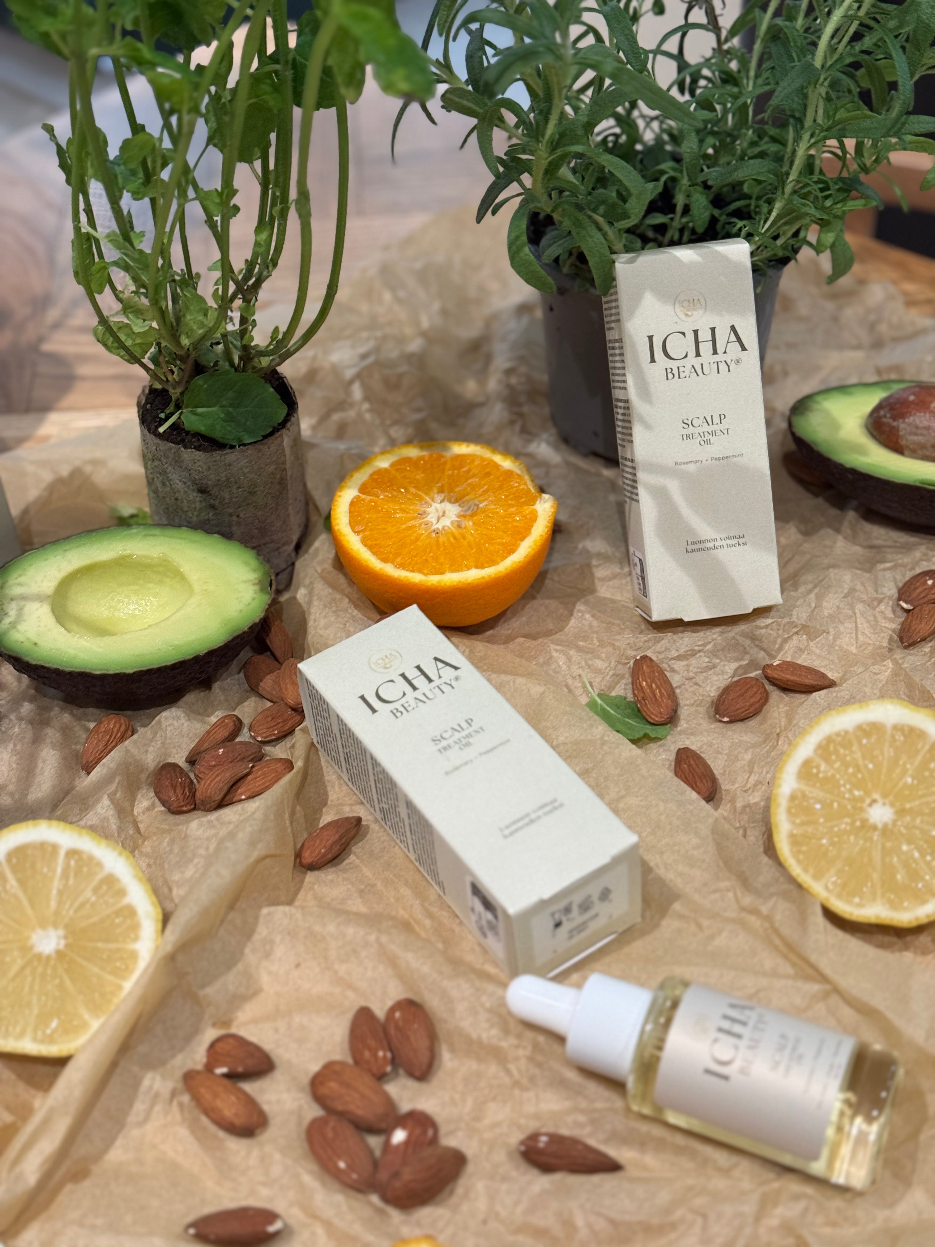 ICHA Beauty® Scalp Oil Serum Rosemary + Peppermint – Kevyt Hiuspohjaöljy Rosmariinilla ja Piparmintulla